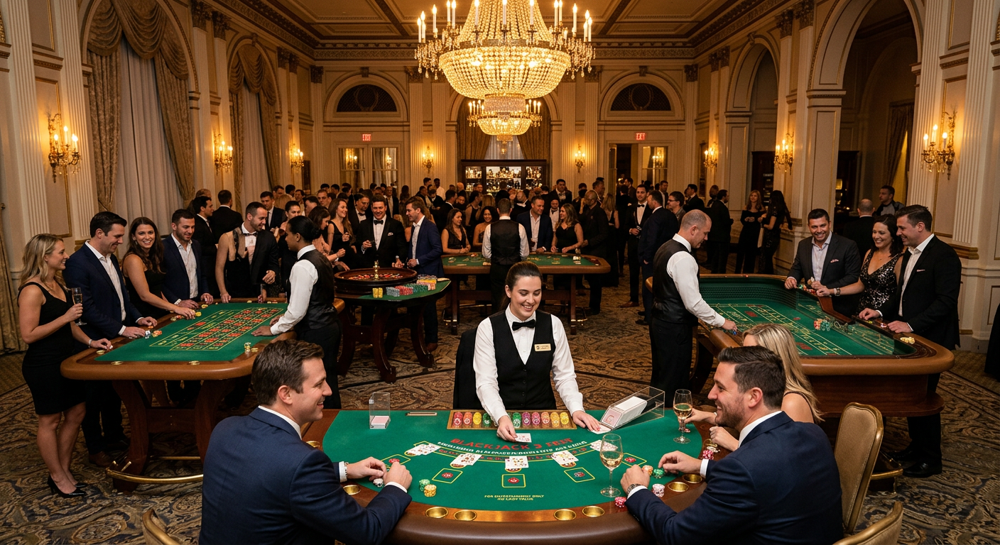 Eleganckie wnętrze sali bankietowej z atrakcją kasyna eventowego