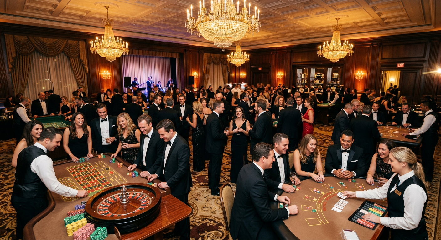 Elegancka impreza firmowa w stylu kasyna z gośćmi przy stołach do gier